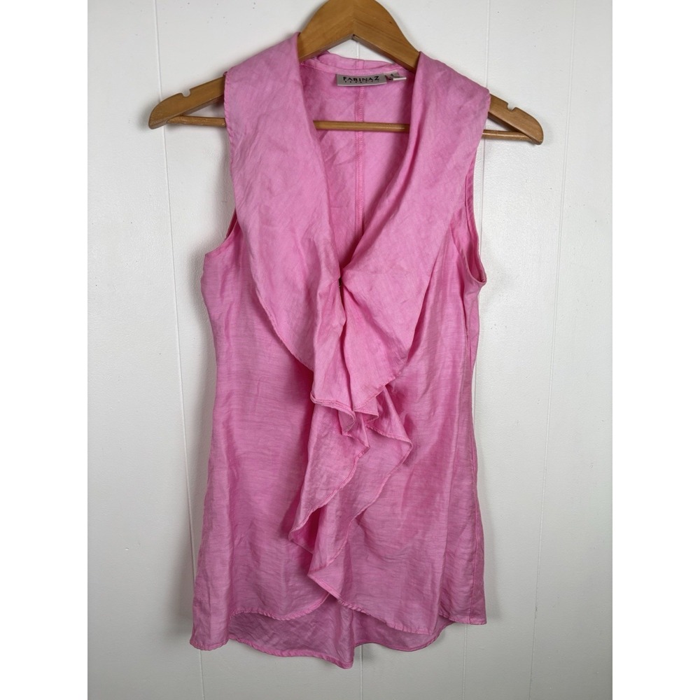 Farinaz Taghavi Size 4 Pink Linen Blend Sleeveless Blouse Ruffle Front Full Zip